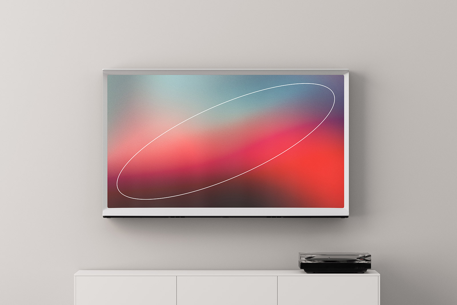 Flat screen TV tech mockup with abstract colorful display mounted on wall, minimalistic living room decor; creative asset for graphic designers and tech projects
