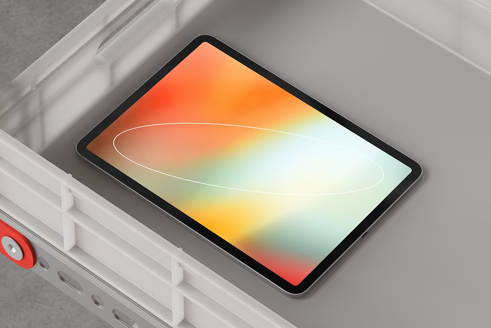 Tablet mockup in a modern container top view. Electronic device presentation for tech mockups, digital assets for designers, and graphic design resources.
