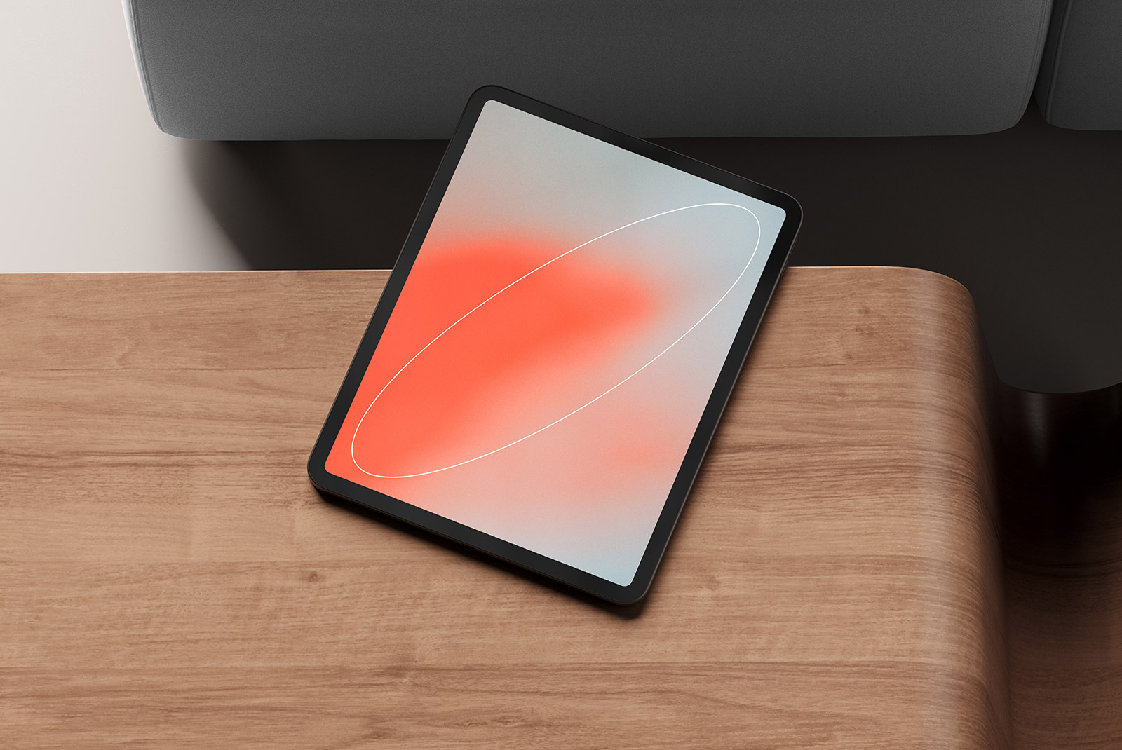 Tablet screen mockup lying on wooden table in modern setting perfect for showcasing tech designs digital assets for graphic designers mockups PSD templates