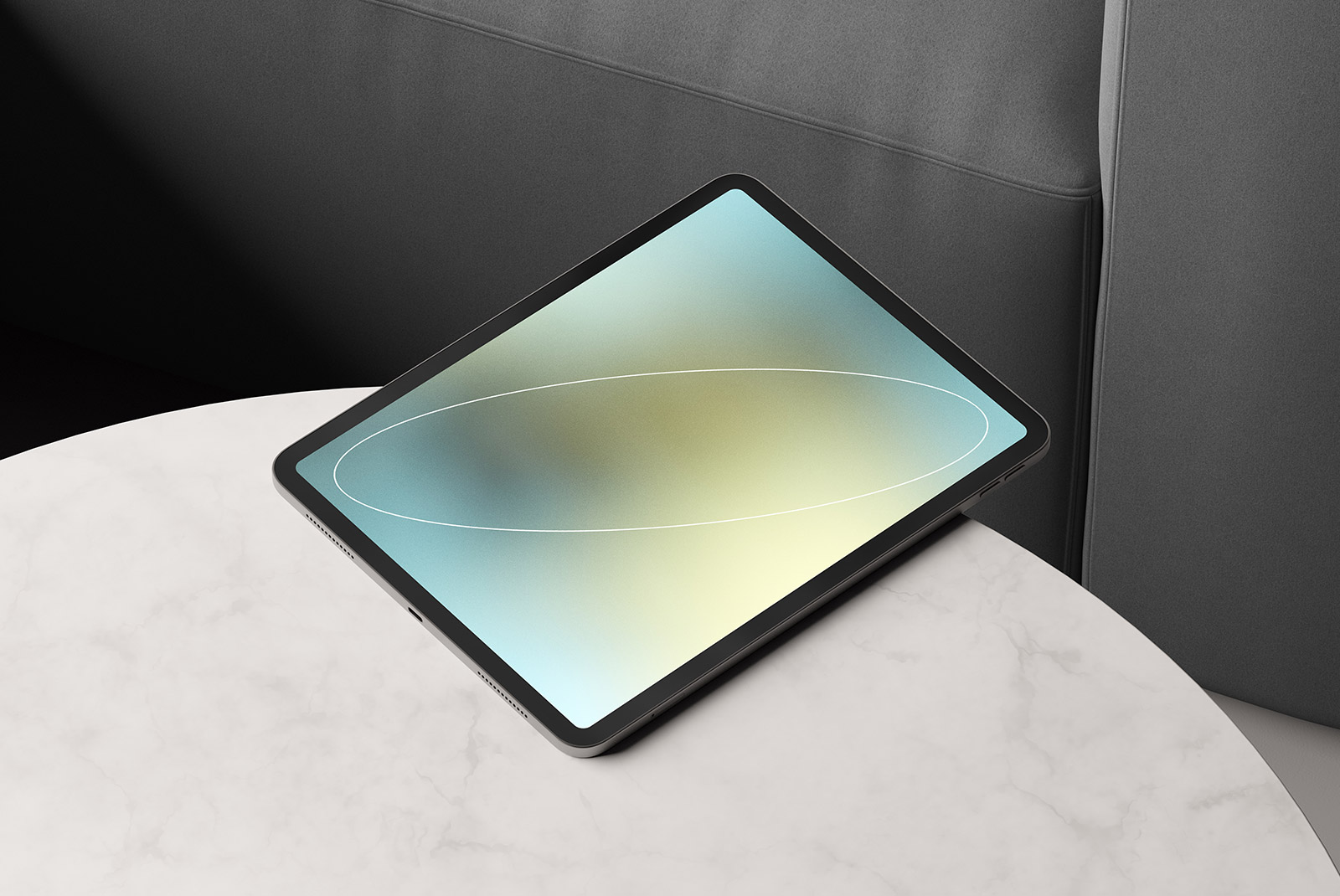 Tablet on marble table tech mockup for designers top view modern digital display high-resolution screen suitable for tech design projects and presentations.