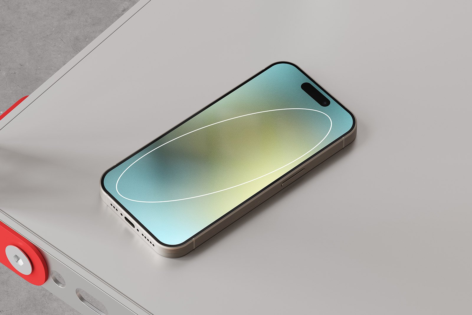 Smartphone placed on a gray desk with colorful screen display, tech mockup, digital assets, high-resolution image, clean design, sleek modern style