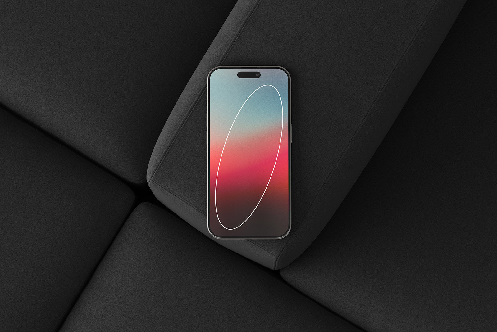 Smartphone mockup on dark couch background perfect for tech mockups showcasing mobile app designs and screen layouts for graphic designers and UI/UX projects.