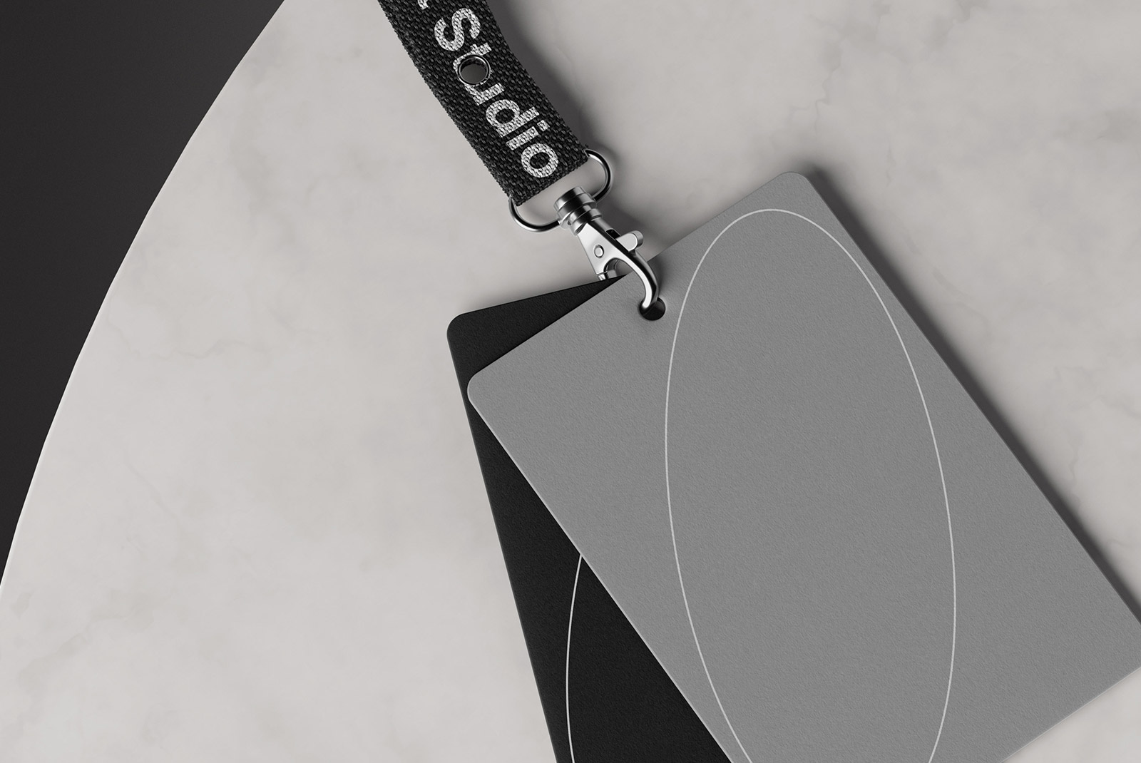 ID card lanyard mockup featuring black and grey cards on a marble surface, ideal for graphic designers creating tech and print mockups.