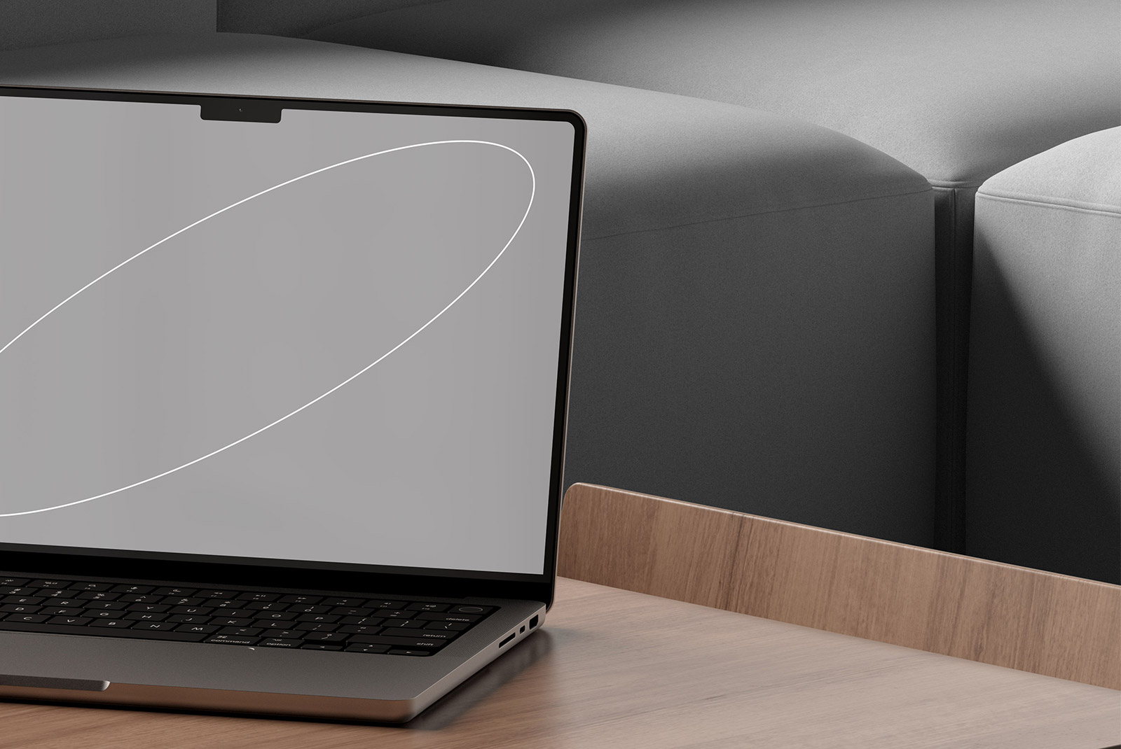 Laptop mockup on a wooden desk with a modern gray background perfect for tech mockups and showcasing design projects for graphic designers.