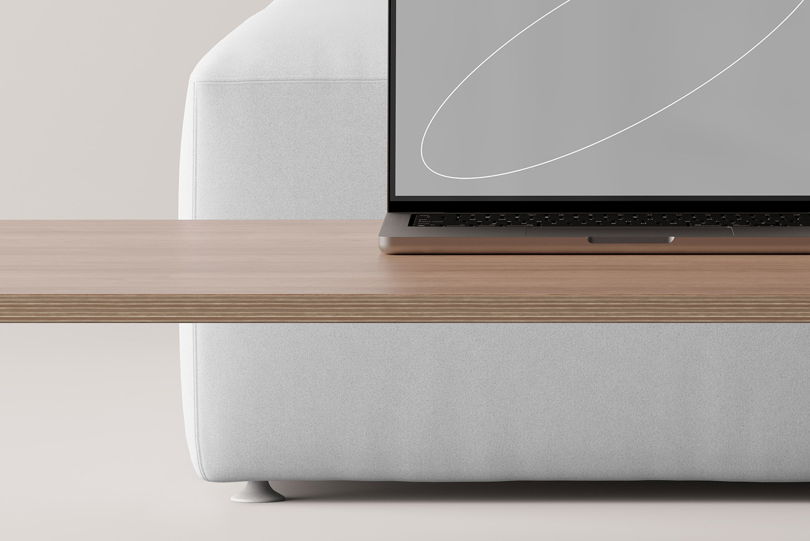 Tech mockup featuring a sleek laptop on a wooden desk with minimalist design and a white background ideal for graphic designers digital assets and presentations.