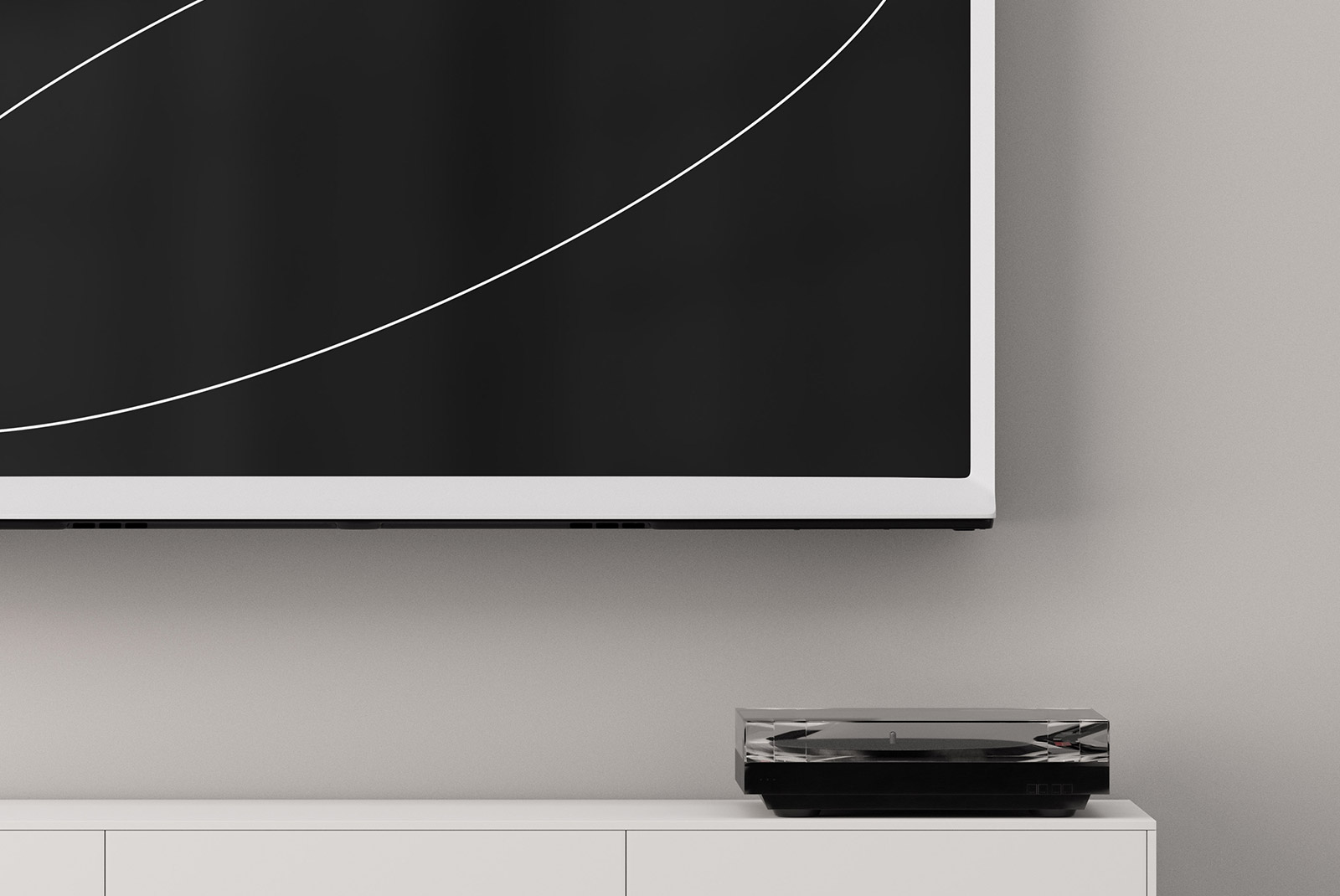 A minimalist tech mockup featuring a sleek black and white monitor on a wall and a turntable on a white cabinet, perfect for graphic designers.